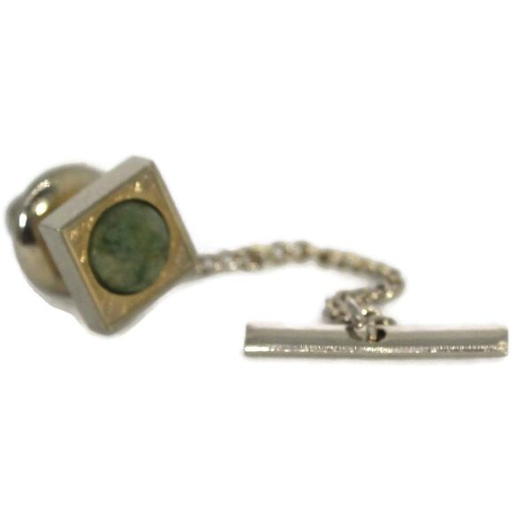 Vintage Gold and Green Stone Tie Tack with Chain, Vintage Men's Accessories - Picture 4 of 10